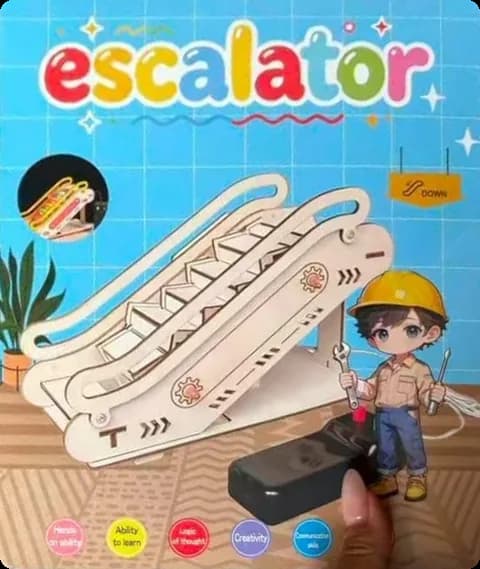 The NEXO Escalator Kit box showing the assembled wooden escalator